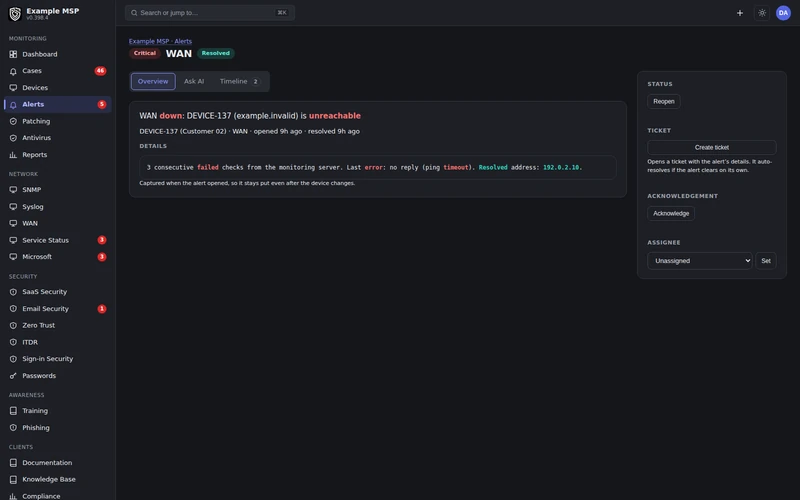 An alert detail page showing the device, its customer and the next actions