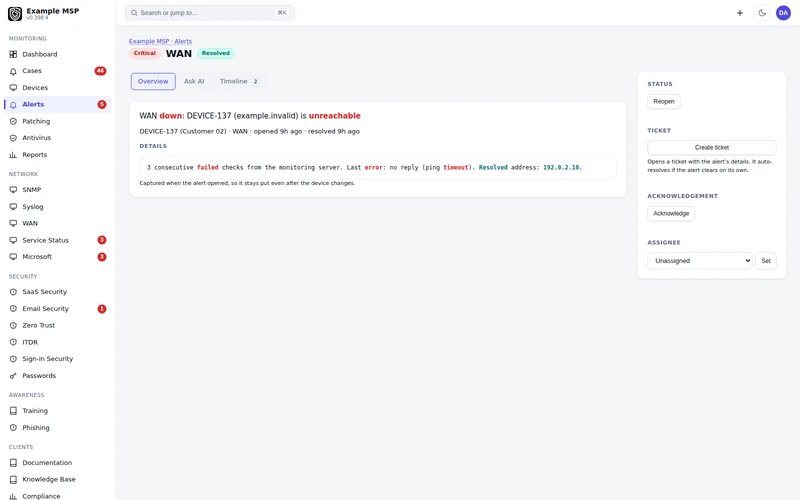 An alert detail page showing the device, its customer and the next actions