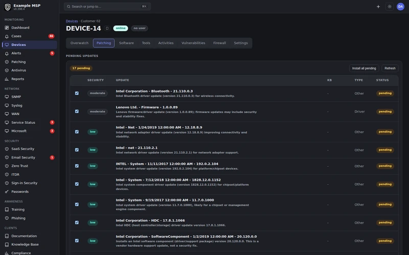A device patching tab listing pending updates with checkboxes, security ratings and an install all pending button