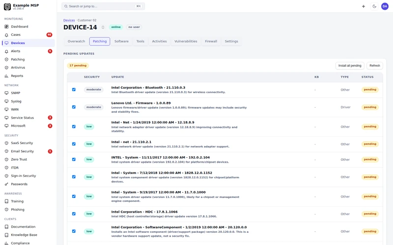 A device patching tab listing pending updates with checkboxes, security ratings and an install all pending button