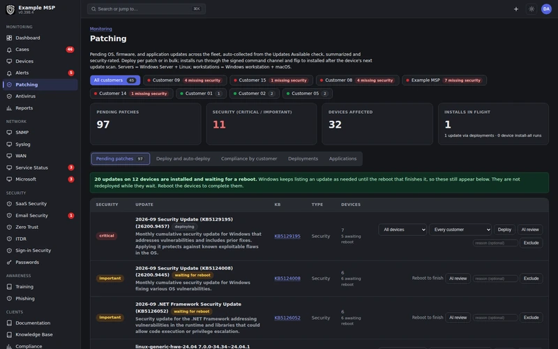 The patching page showing pending updates across customers, security counts, and updates marked waiting for reboot