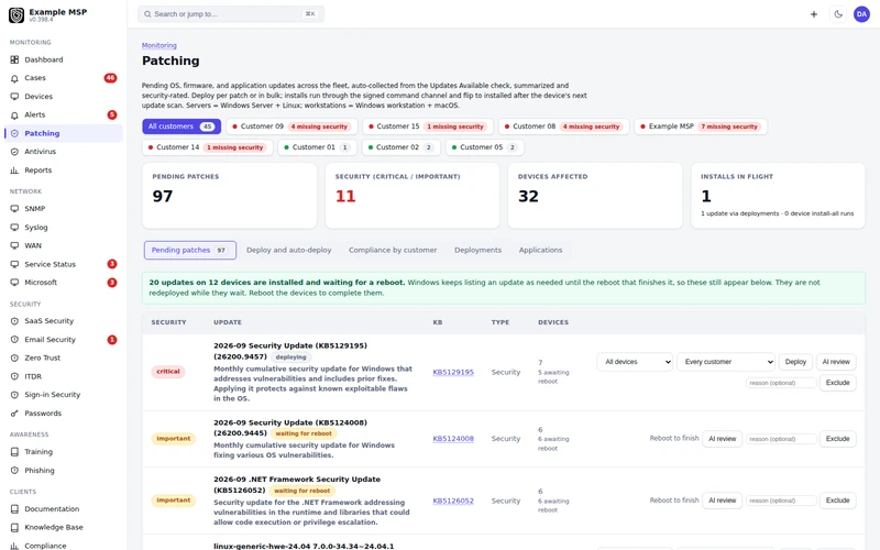 The patching page showing pending updates across customers, security counts, and updates marked waiting for reboot